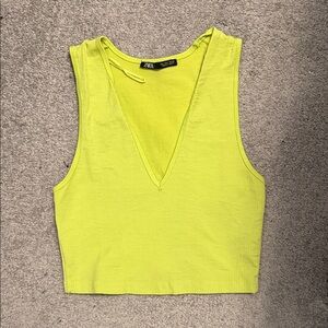 Zara Neon Lime V-Neck Ribbed Crop Top